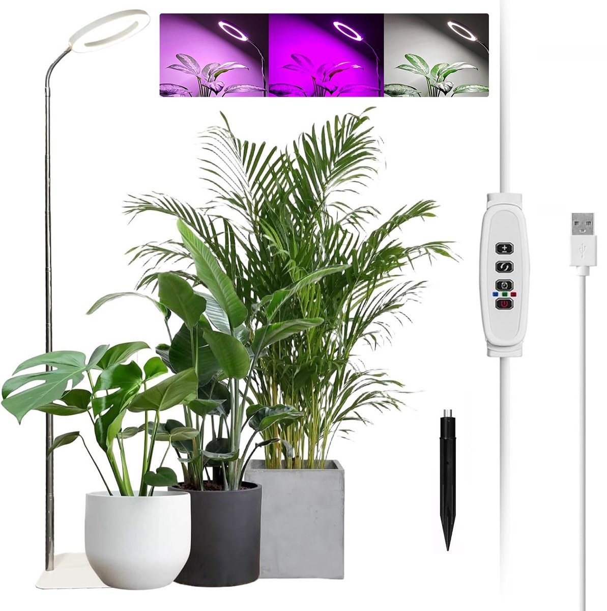 Rosnek LED Groeilamp Wit - Full Spectrum Kweeklamp met Basis & Aardstok - 10-level Dimmen - 3/9/12H Timer - Hoogte Verstelbaar (25-155cm) - 72LEDs Voor Grote Binnenplanten - met Adapter
