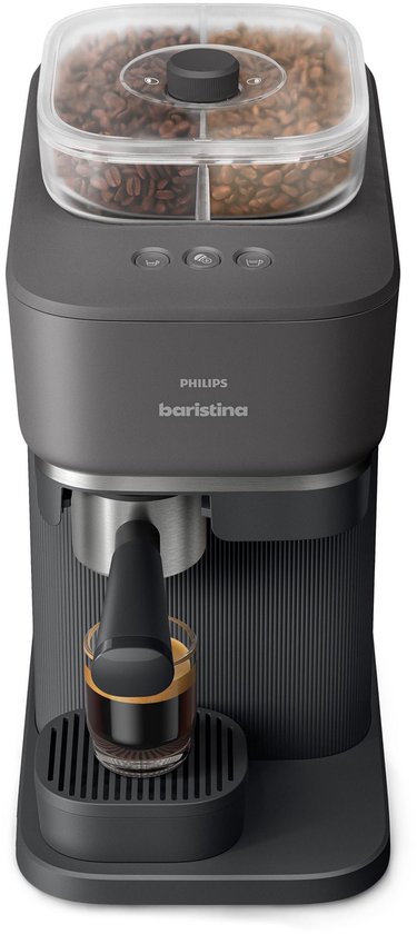 Zicht op de bovenkant van de Philips Baristina volautomatische espressomachine met koffiebonen in het reservoir.