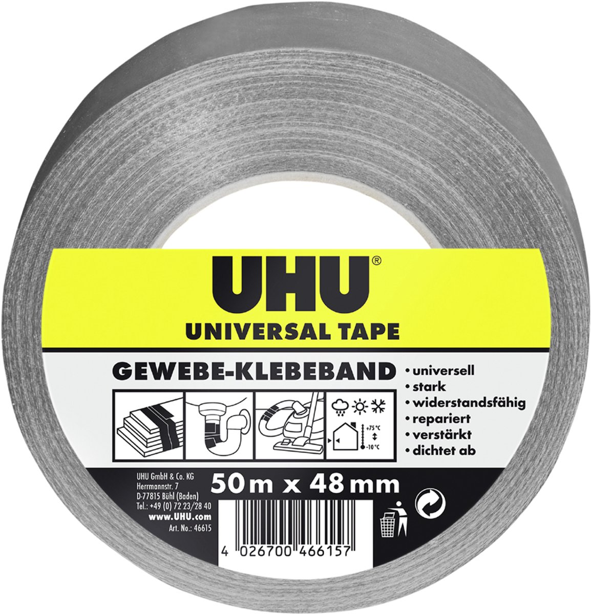 UHU Universeel Geweven Tape, 48 mm x 50 m, grijs