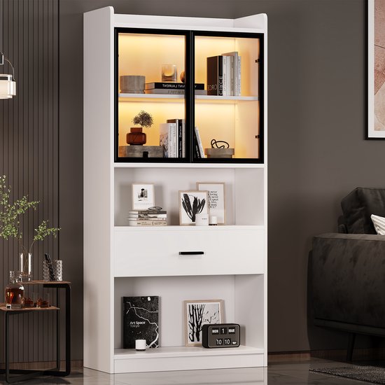 Glazen Vitrinekast met LED-Verlichting - 3 Lagen en Deur, Modern Ontwe