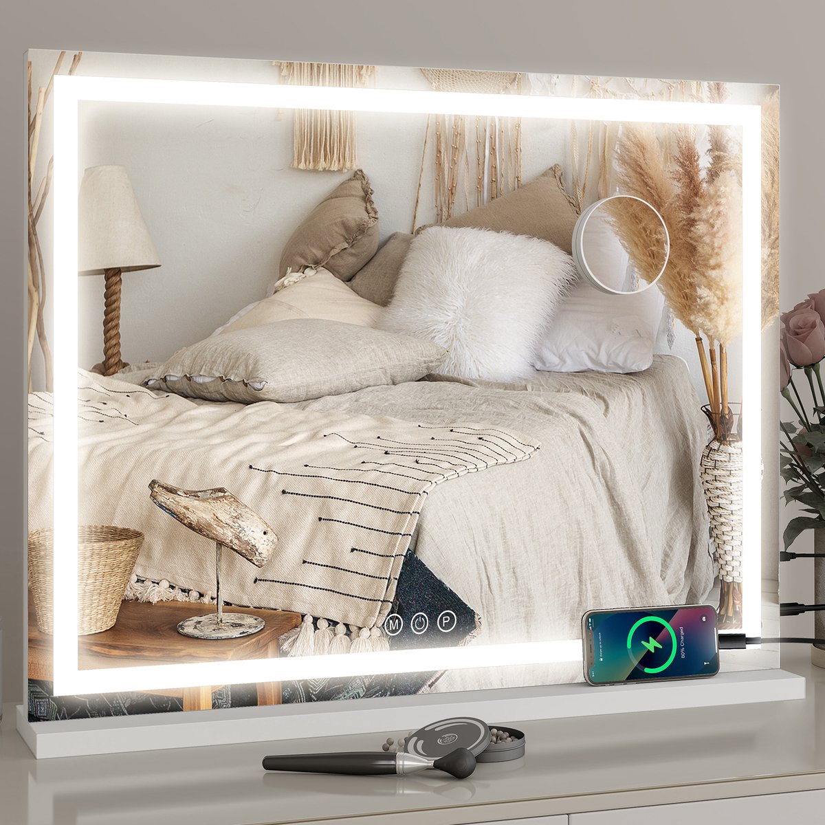 Puluomis Hollywood Spiegel 70x55CM - LED-lichtstrips - Spiegel met verlichting - USB Oplaadpoort - 10x Vergroting - 3 lichtstanden - Dimbaar - Smart Touch