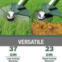Vergelijking van de maaidiameter van de grastrimmer: 37cm met draad, 23cm met mes.