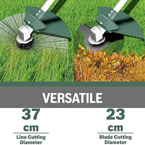 Vergelijking van de maaidiameter van de grastrimmer: 37cm met draad, 23cm met mes.