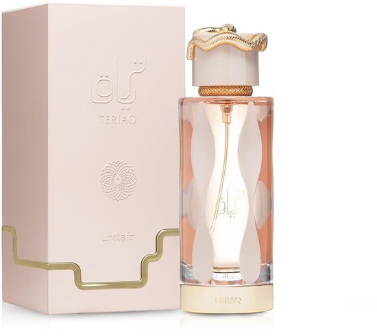 Roze parfumdoos en bijpassende fles, met witte en gouden accenten en een gouden slang-dop.