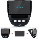 Groot 10-inch touchscreen autoradio met een zwart dashboardpaneel en knoppen.