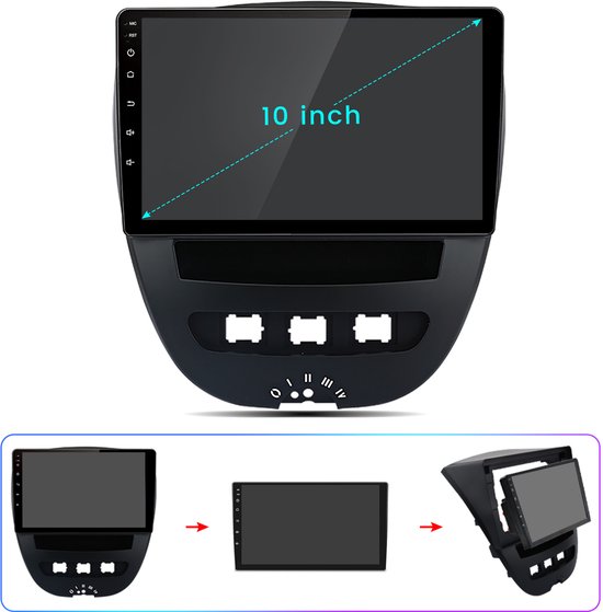 Groot 10-inch touchscreen autoradio met een zwart dashboardpaneel en knoppen.