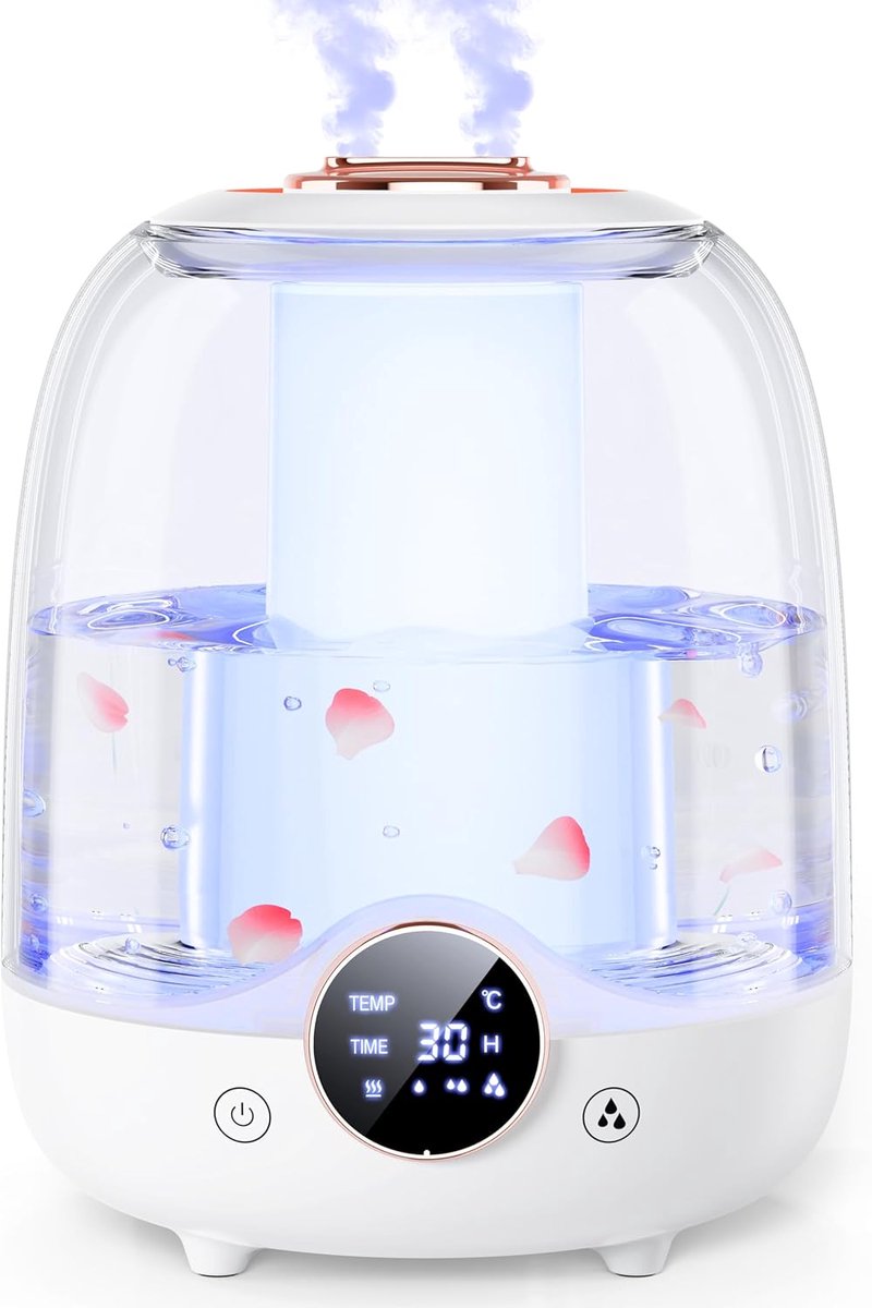 Luchtbevochtiger voor Slaapkamer - 3 Liter Tank - 30 Uur Werktijd - 20dB Stilte - Dubbele Vernevelaar - 7 Kleuren LED Nachtlamp - Slimme Timer - Automatisch Uitschakelen - Essentiële Olie Diffuser - Topvulling Design