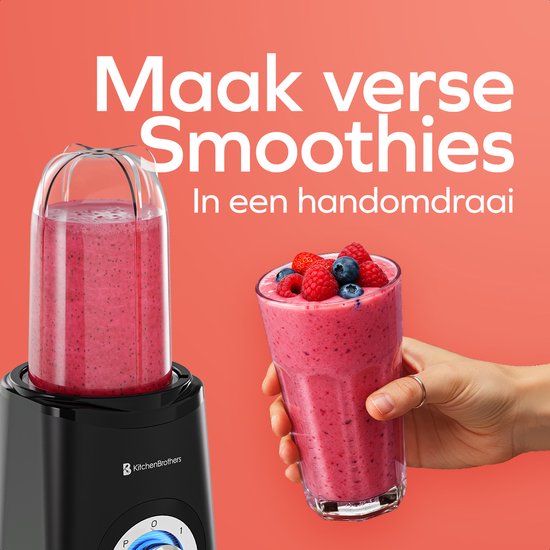 KitchenBrothers Smoothie Blender - 2-in-1 - Blender to Go - 4 Bekers - Smoothie Maker To Go - Mini Blender - Zwart van KitchenBrothers — afbeelding 4
