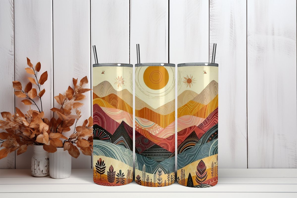 Thermosbeker Bergen en zon - 600 ml RVS Tumbler met Rietje - Cadeau - Schoolbeker - Antilek dop - Vaatwasserbestendig - Werkbeker - To go beker - Zomaar