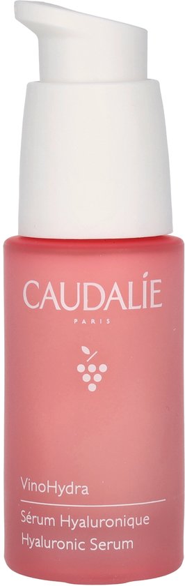 Roze Caudalie flesje met witte pompdispenser. Bevat VinoHydra Hyaluronic Serum.