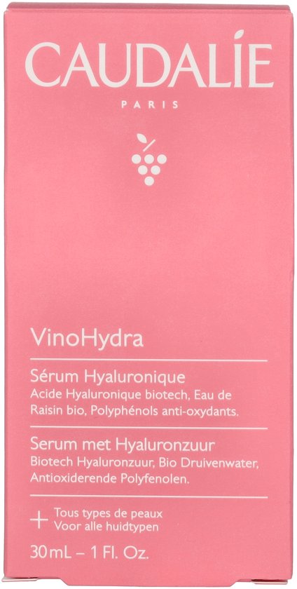 Roze Caudalie doosje met tekst VinoHydra Serum met Hyaluronzuur 30 ml.