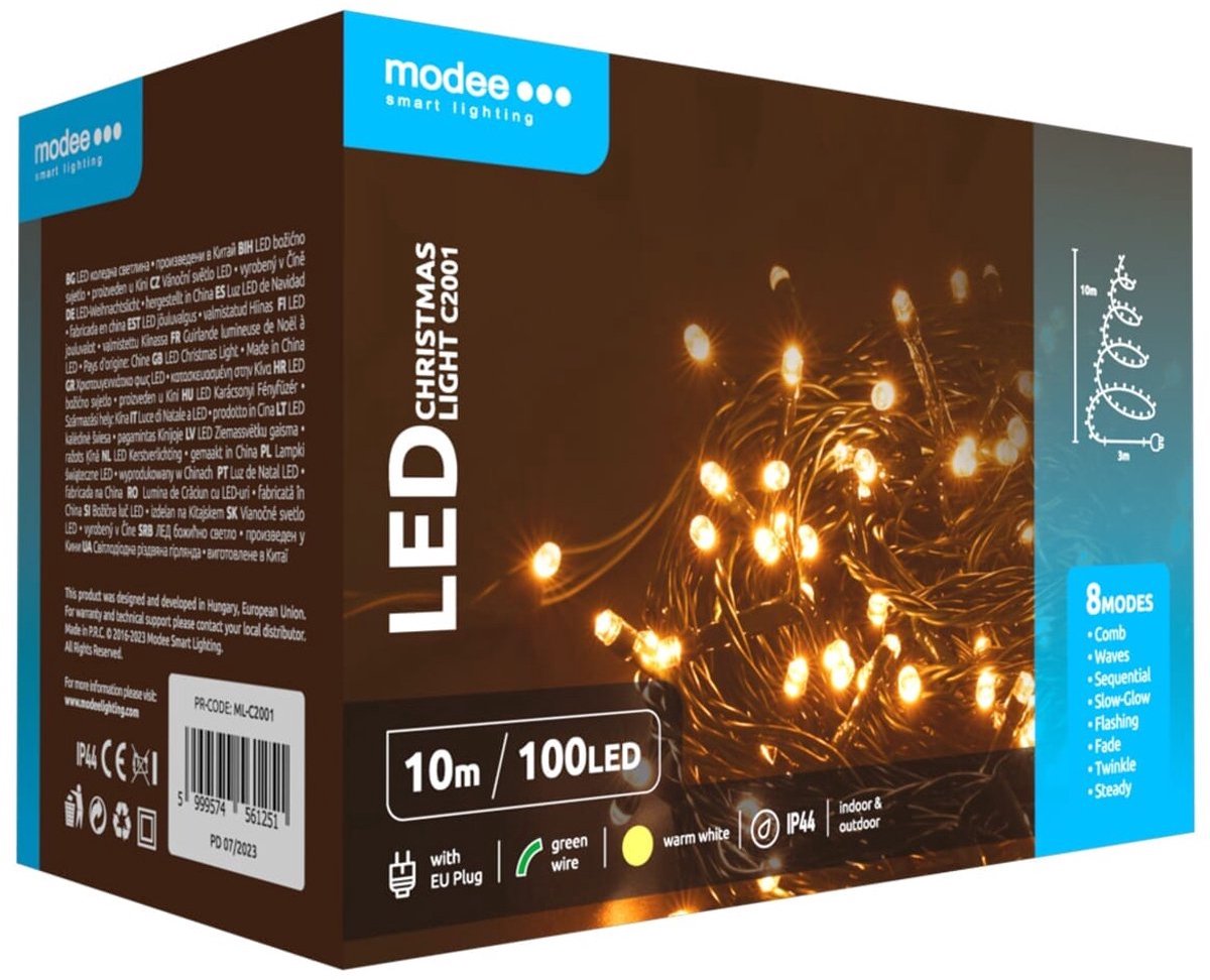 Modee Lichtsnoer Kerst 10 Meter - Kerstverlichting voor Buiten en Binnen - 100 LED Lampjes 8 Lichtstanden - IP44 - 2550K - Warm Wit Licht - Per stuk