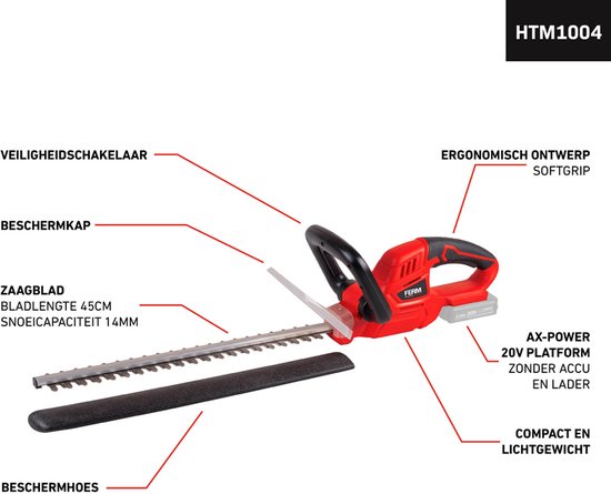 FERM - AX-POWER - HTM1004 - Heggenschaar - voor - 20V - accu - Zonder Accu en lader - Bladlengte - 500mm - Snoeicapaciteit: - 14mm - Toerental: - 1.200/min - Veiligheidsschakelaar- Beschermkap - Opberghoes - Wireless hedge trimmer - Accuheggenschaar van Merkloos	 — afbeelding 4