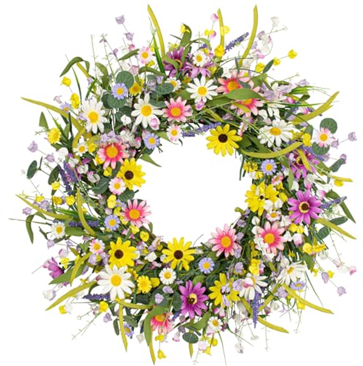 Lentekransen voor Voordeur - Zomer Bloemenkrans met Madeliefje, Lavendel en Eucalyptus