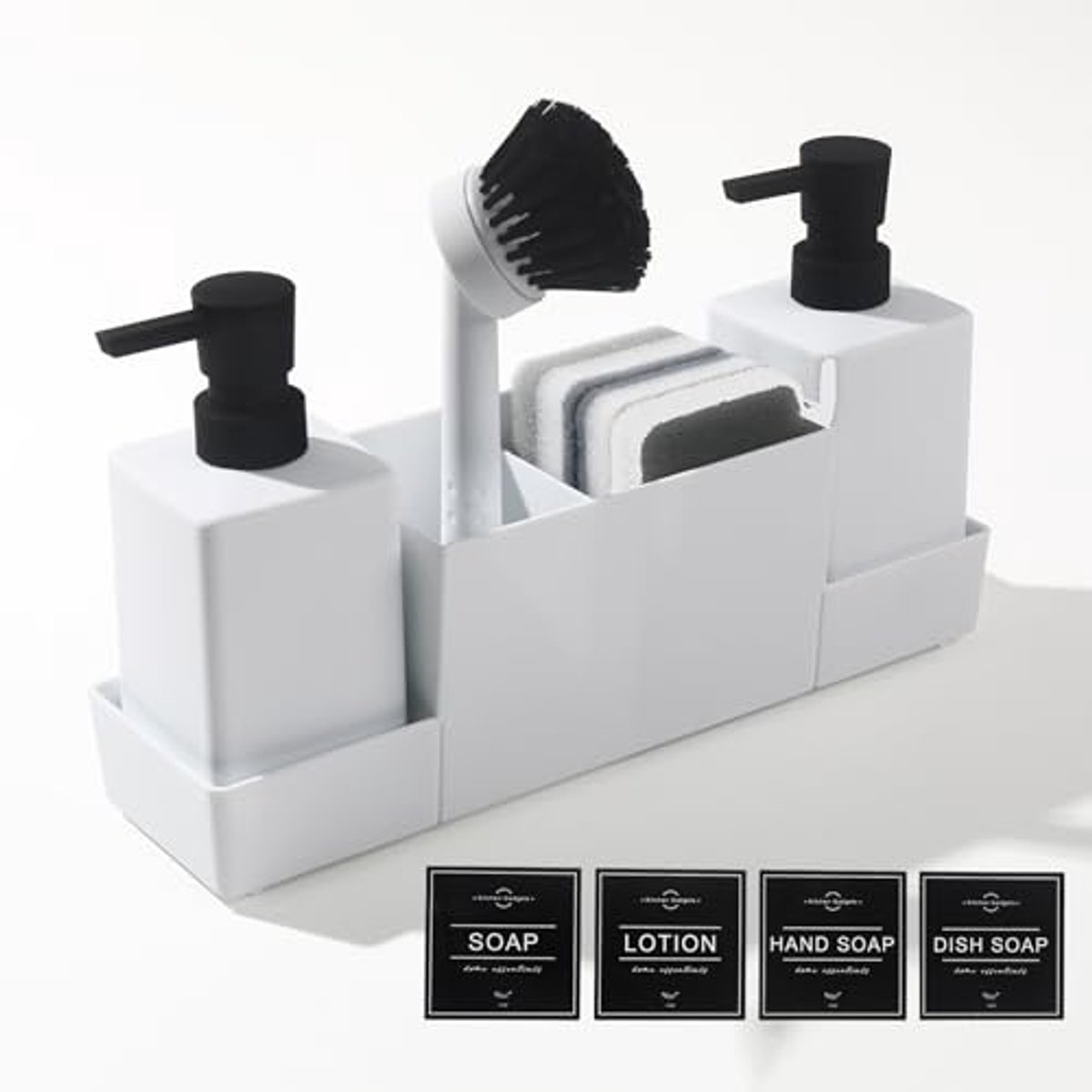 4-in-1 Keuken Soap Dispenser Set met Sponzen en Borstel - Compacte Gootsteen Organizer