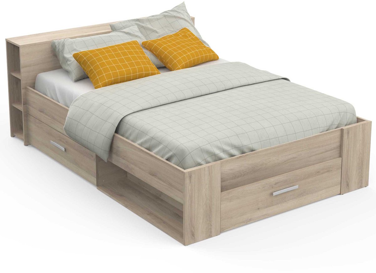 Bed Polly 140 x 200 cm-Kronberg eik - CBA - Tweepersoons bedkader - Bruin - Melamine; Spaanplaat Tweepersoons Normaal bed