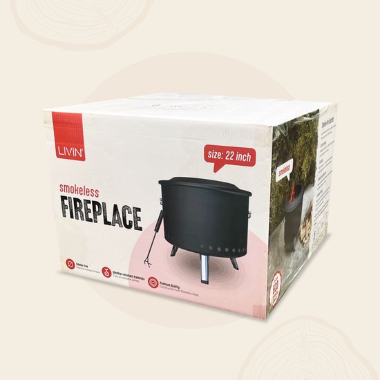 Doos van Livin' smokeless fireplace, 22 inch, zwart, met afbeelding van de vuurkorf.