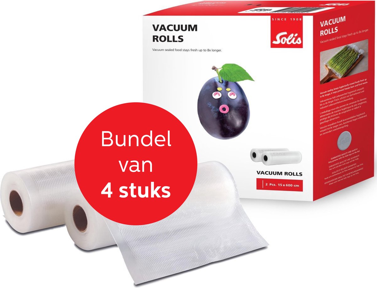Solis Vacuumrollen - 15 x 600 cm - Geschikt voor Diepvries, Magnetron en Sous Vide Koken - BPA-Vrij - Drielaags Vacuum Rollen - Vacuumfolie Rollen - 4 Stuks