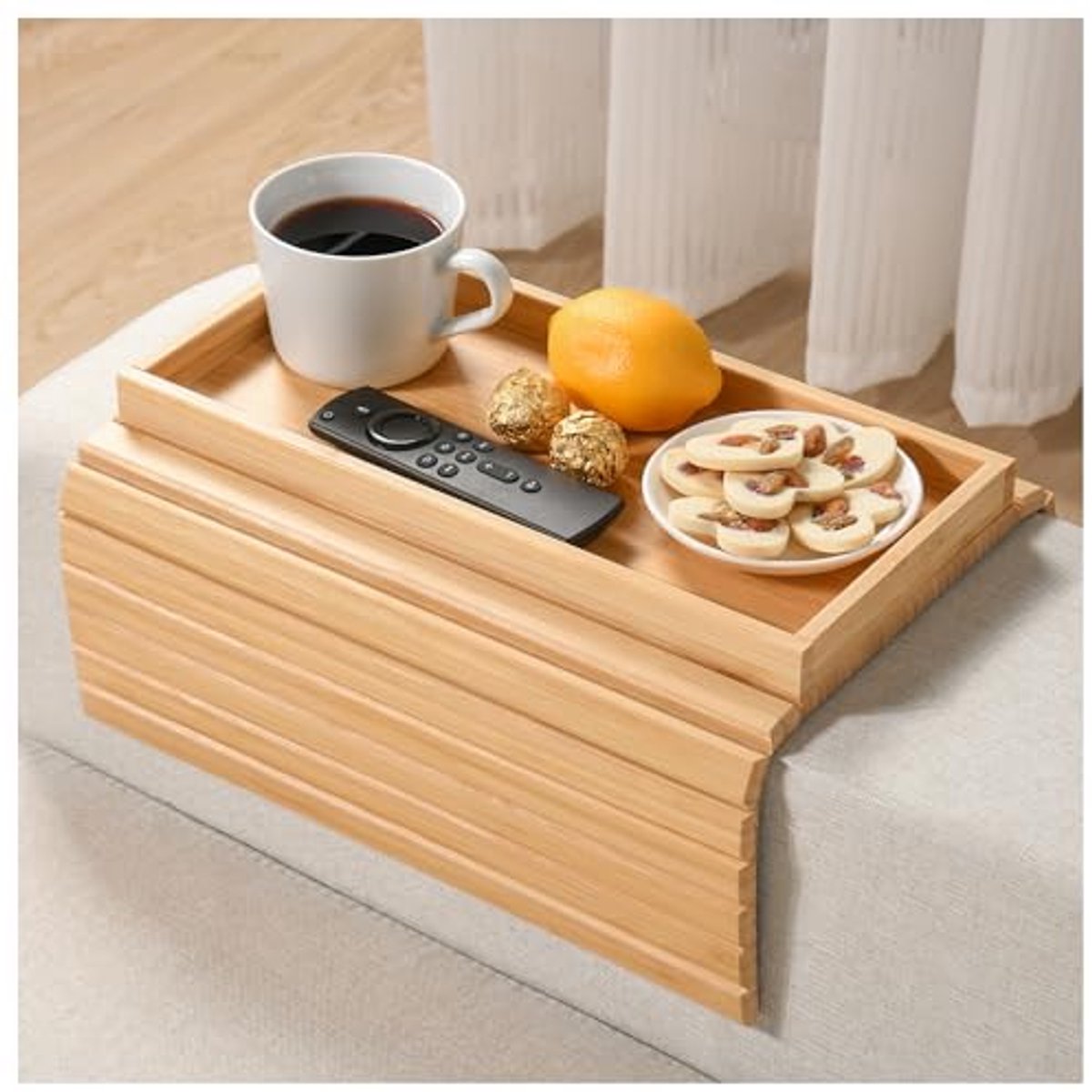 Bamboe Sofa Arm Tray – Opvouwbare Armsteun Lade voor Eten, Dranken en Afstandsbedieningen