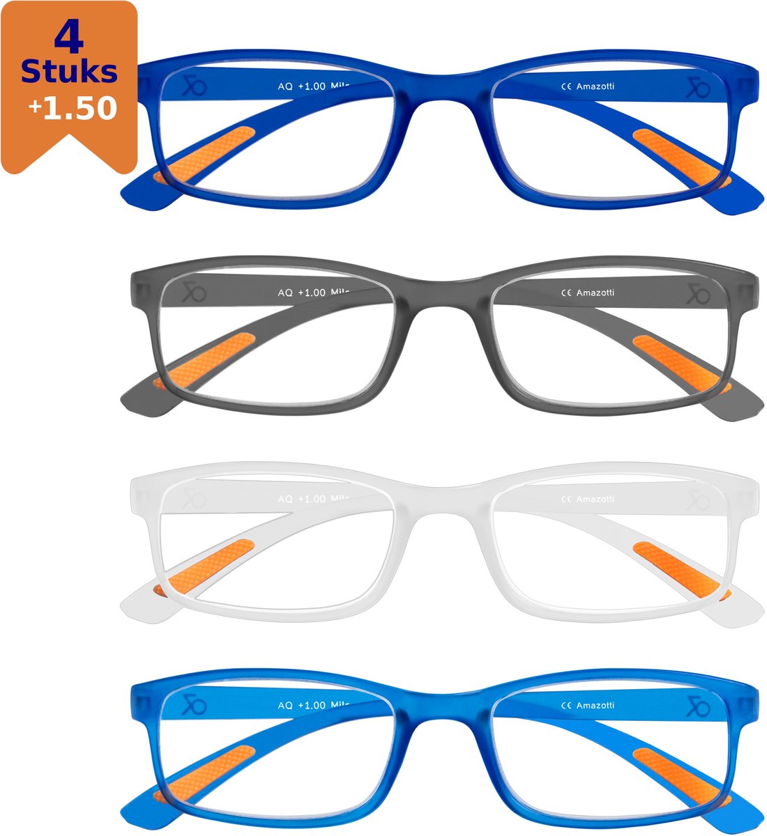 Amazotti Milano Leesbrillen +1.50 – Set van 4 – Trendy & Comfortabel – Italiaans Design – Lichtgewicht Kunststof – Dames & Heren – Blauw, Grijs, Transparant – Leesbril met Sterkte