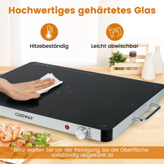 COSTWAY Elektrische warmhoudplaat, voedselwarmer met instelbare temperatuur 30 °C - 120 °C en gehard glas, warmhoudcontainer, buffetwarmer voor feestjes, buffetten (L, 61 x 42 x 4 cm) — afbeelding 3