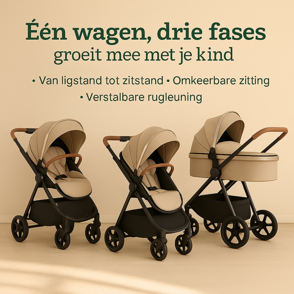 Lunola Oria Kinderwagen 3-in-1 met Autostoel - Khaki - afbeelding 2