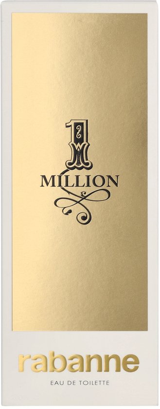 Doosje met gouden voorkant, '1 Million' en 'rabanne' logo's.