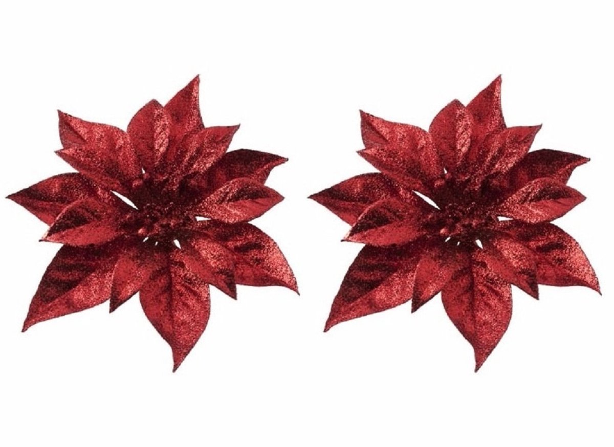 Cosy & Trendy Kerstboomversiering - 6x - bloem - op clip - rode kerstster - 18 cm
