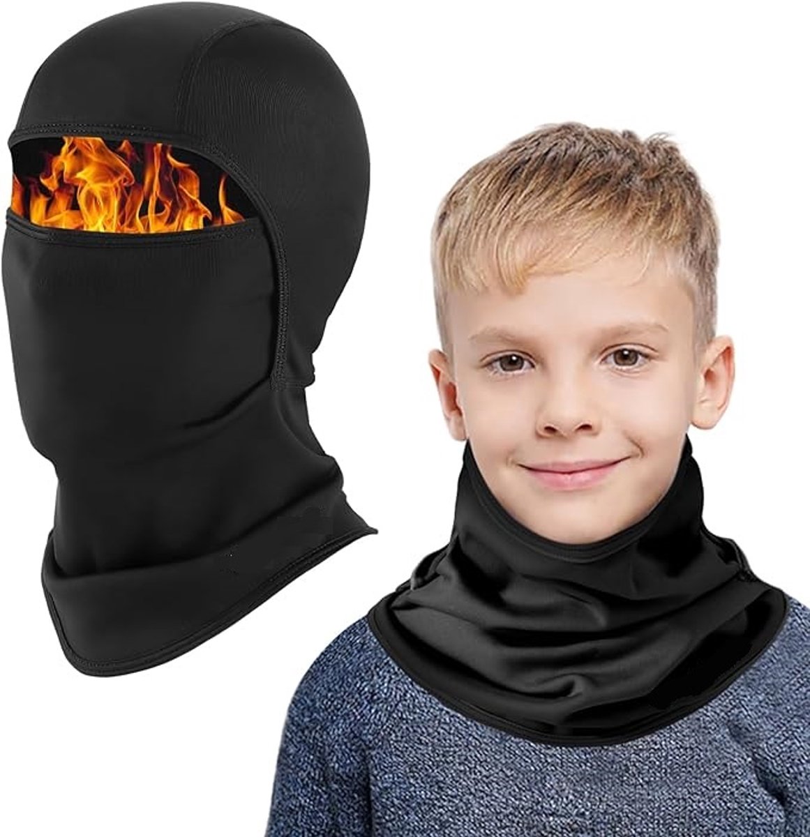 Famanu Thermische bivakmuts voor kinderen multifunctioneel winddicht warm skimasker fietsen bivakmuts volledige gezichtsbedekking onder helmmuts met nekwarmer voor 4-10 jaar jongens meisjes Zwart