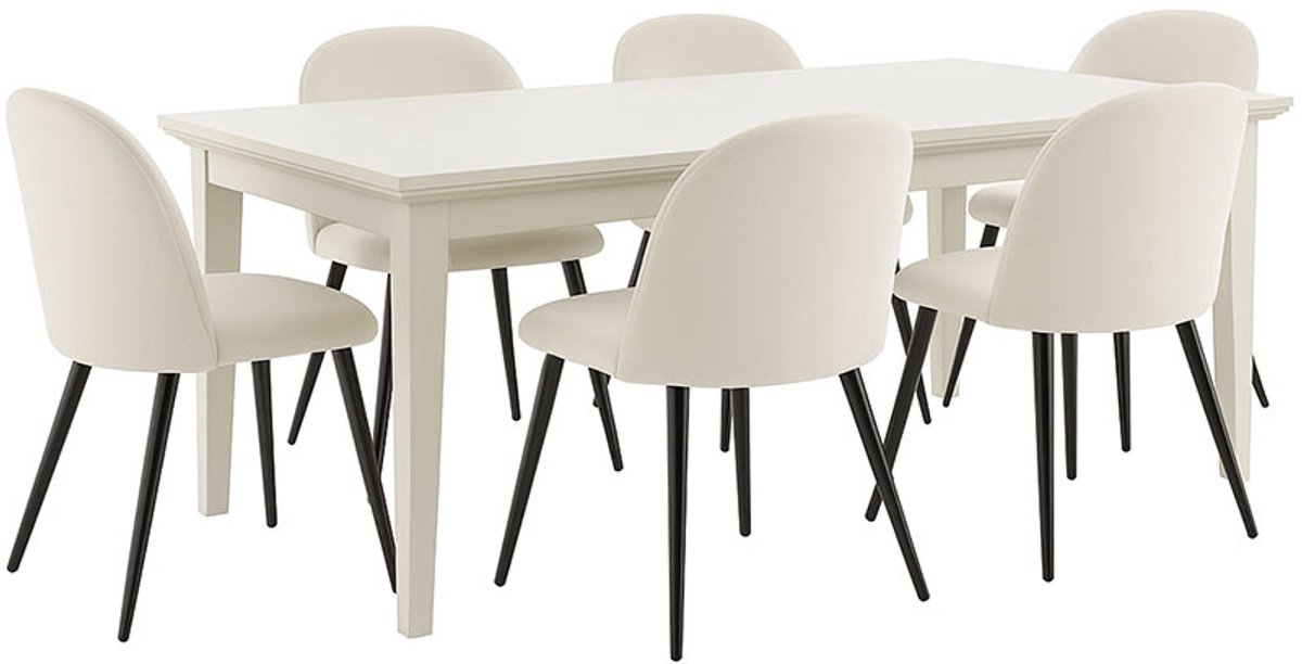 Venedig eethoek eettafel wit 95x180/276 met 2 stuks extra plaat 6 stoelen fluweel beige.
