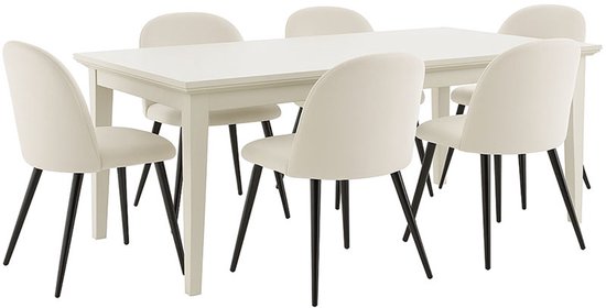 Coin repas Venedig table à manger blanche 95x180/276 avec 2 assiettes supplémentaires et 6 chaises en velours beige.