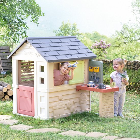 Smoby - Speelhuis nature play Smoby life - DHZ werkbank en tal van accessoires inbegrepen - Huis om te klussen