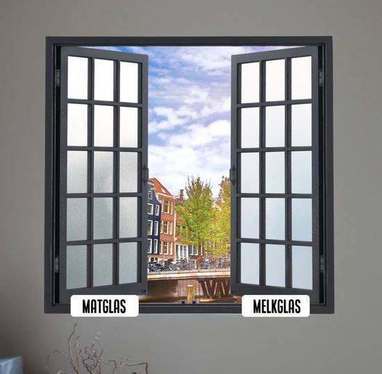 Open raam met uitzicht op grachtenpand, met matglas en melkglas labels.