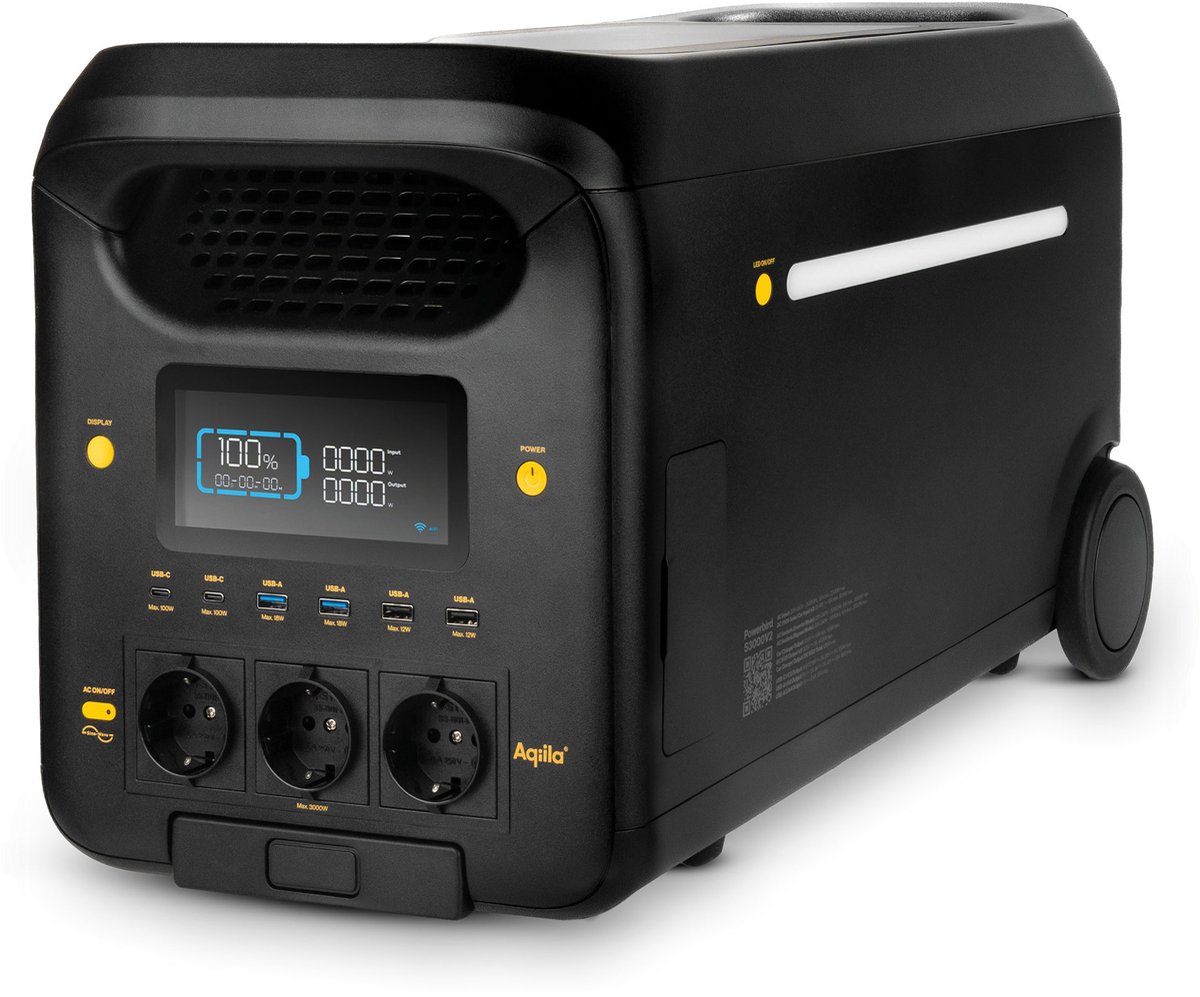 Aqiila Portable Powerstation 3000W 2560Wh LiFePO4 | Draagbare Generator, 13 Uitgangen 3x AC USB-C/A 12V | Mobiele stroomvoorziening met LED lamp voor camping, noodstroomvoeding | Power Station met wielen en uittrekbare trolley-stang