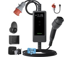 dé Mobiele Thuislader 11kW - CEE naar Type 2 stekker EV oplader - Aanpassing met dubbele knop - 6 meter Laadkabel - 6A/8A/10A/13A/16A Huidige instelling - 3 fase - IP66 waterdicht laadstation met LCD Digitaal Display