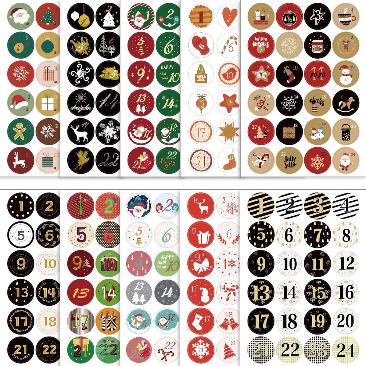 Adventskalender Cijfers,Stickers Adventskalender voor Kerstmis,10 Vellen Kerststickers Christmas Advent Kalender Number Stickers,Decoratieve Kerststickers,1-24 Cijfers Etiketten knutselen Kerstmis