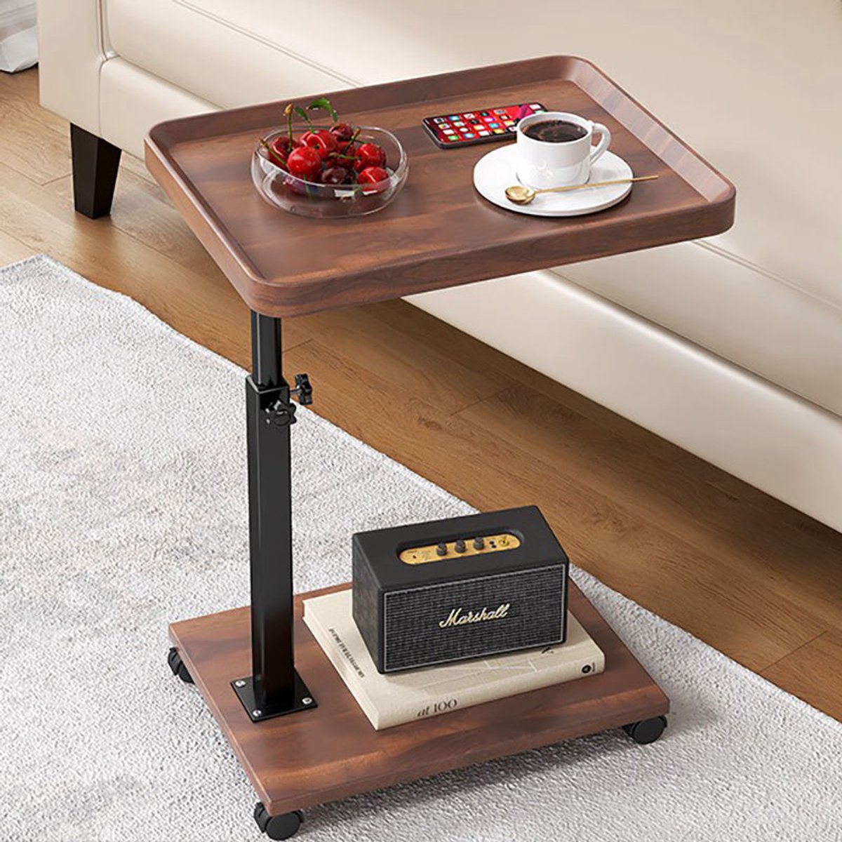 HOOBRO Bijzettafel in C-vorm, inklapbare salontafel, industriële stijl, met plank, voor woonkamer, slaapkamer, grijs en zwart, EBG29SF01
