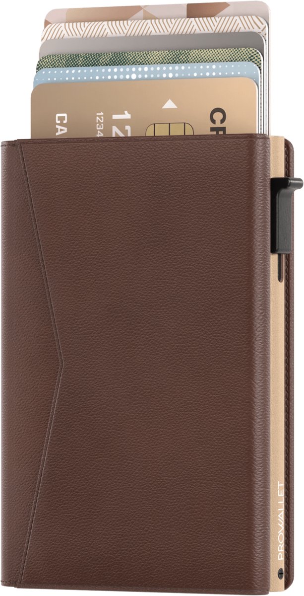 Prowallet Classic - Koffie - Pasjeshouder voor 9 Pasjes, Briefgeld en Muntgeld - Uitschuifbaar - RFID Creditcardhouder - Kaarthouder Portemonnee, Pashouder voor Mannen & Vrouwen - Aluminium, Kunstleer - Incl. Luxe Cadeaubox