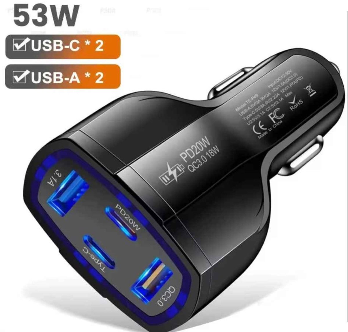 Autolader – Snellader 12V/24V – 4 Poorts Telefoon Oplader Auto – 2x USB + 2x USB-C – Zwart