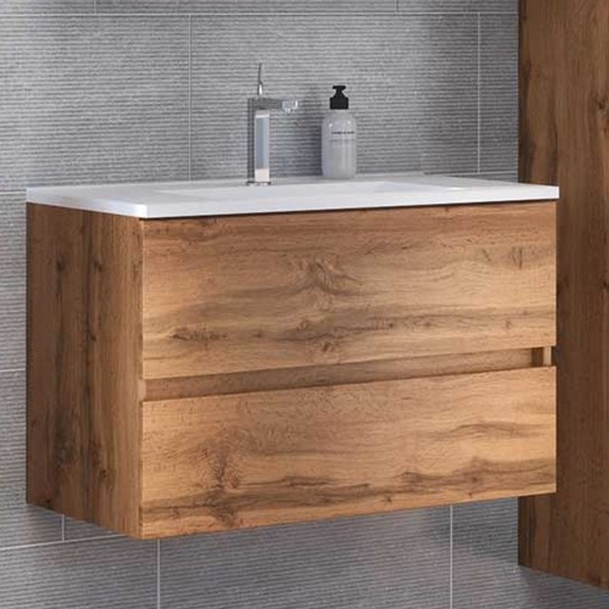 Wastafelmeubel Brama 80cm 2 lades - wotan eik - Held - Wastafelmeubels zwevend - Bruin - MDF; Spaanplaat - Wastafelmeubels zwevend -