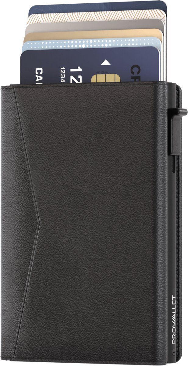 Prowallet Classic - Zwart - Pasjeshouder voor 9 Pasjes, Briefgeld en Muntgeld - Uitschuifbaar - RFID Creditcardhouder - Kaarthouder Portemonnee, Pashouder voor Mannen & Vrouwen - Aluminium, Kunstleer - Incl. Luxe Cadeaubox