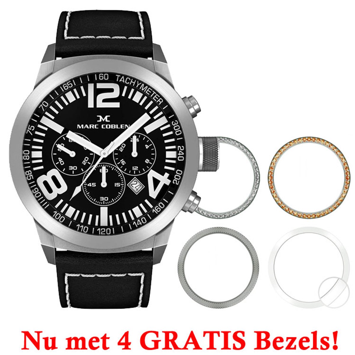 Marc Coblen Chronograaf 42mm ! Nu met GRATIS Set van 4 Verwisselbare Lunettes ! - MC42S2 Staal