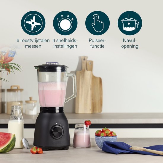 Princess 212092 Black Steel Blender 1000 - 4 Snelheden – Krachtig 1000W - 1.5 L - Glaskan - Ice Crush - Vaatwasmachine bestendig