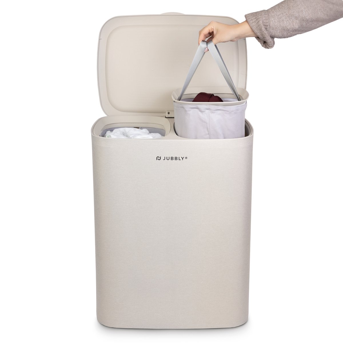 Jubbly® - Wasmand - Wassorteerder - Wasmand met Deksel - Wasmand 2 vakken - Wasmand opvouwbaar - Wasbox - 90 Liter - Beige - The Splitsmart