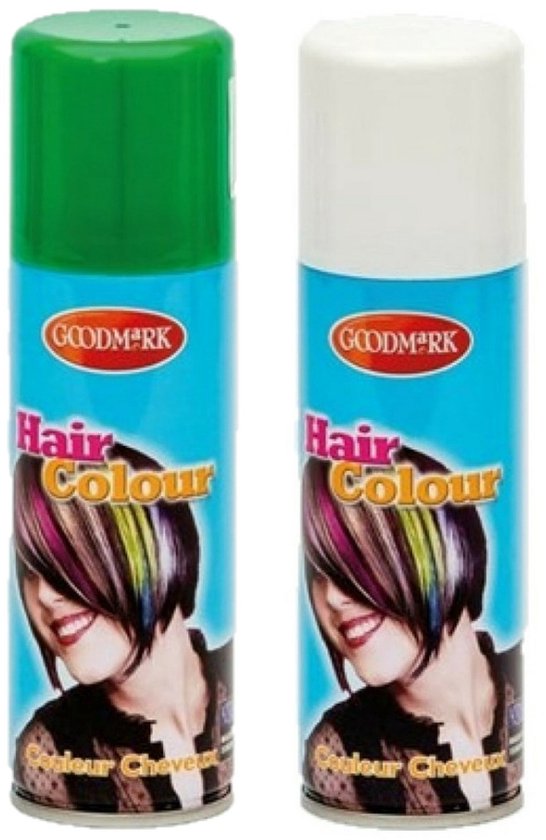 Twee spuitbussen Goodmark Haarkleur, groen en wit, met opdruk van een vrouw met veelkleurig geverfd haar.