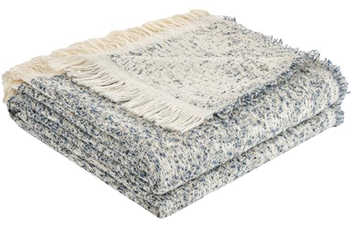 Zachte Katoenen Deken - Cozy Knuffeldeken voor Bank en Bed, 155 x 200 cm (Blauw en Wit)