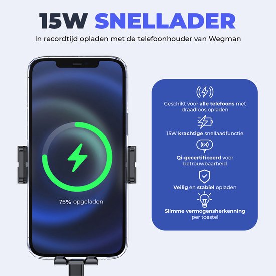 Wegman 15w Support téléphone Voiture Induction - Chargeur Induction Voiture - Convient pour Grille Aération Porte, fenêtre, tableau de bord - Opération à Une Main - Phone holder - Support téléphone portable voiture