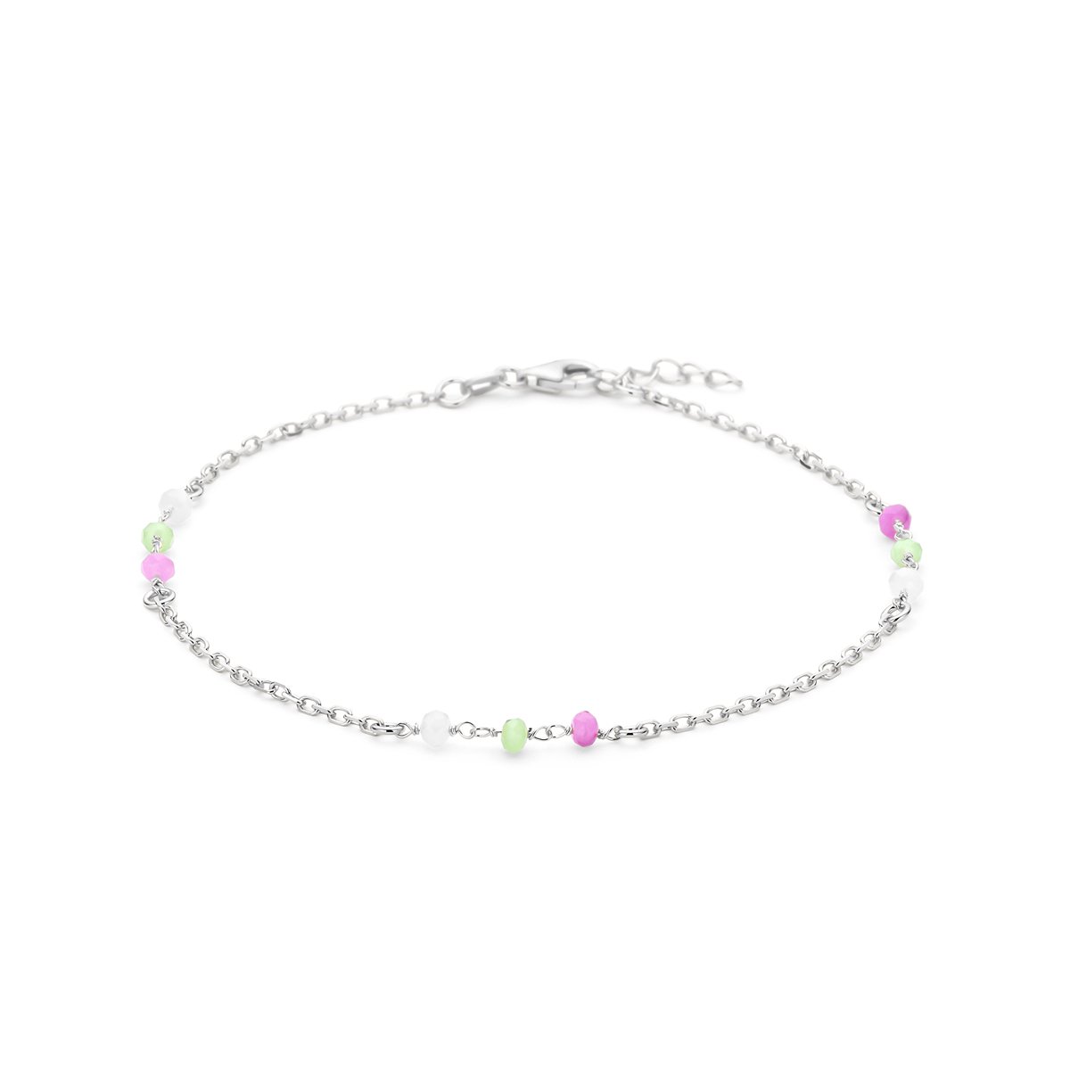 925 zilveren enkelbandje met gekleurde steentjes - 24 + 2 cm - Gerhodineerd 925 zilveren enkelband - Lev Sieraden