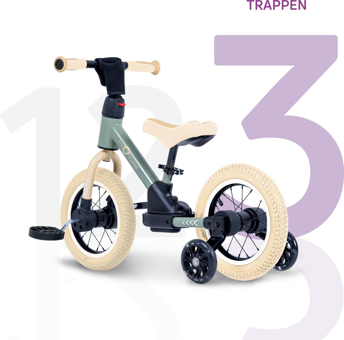 Kidcruiser Loopfiets 2+ jaar - Optioneel met LED Zijwieltjes & Trappers - 3-in-1 Kinderfiets - 12 inch – Zacht Groen & Creme wit – Modulair Design — afbeelding 5