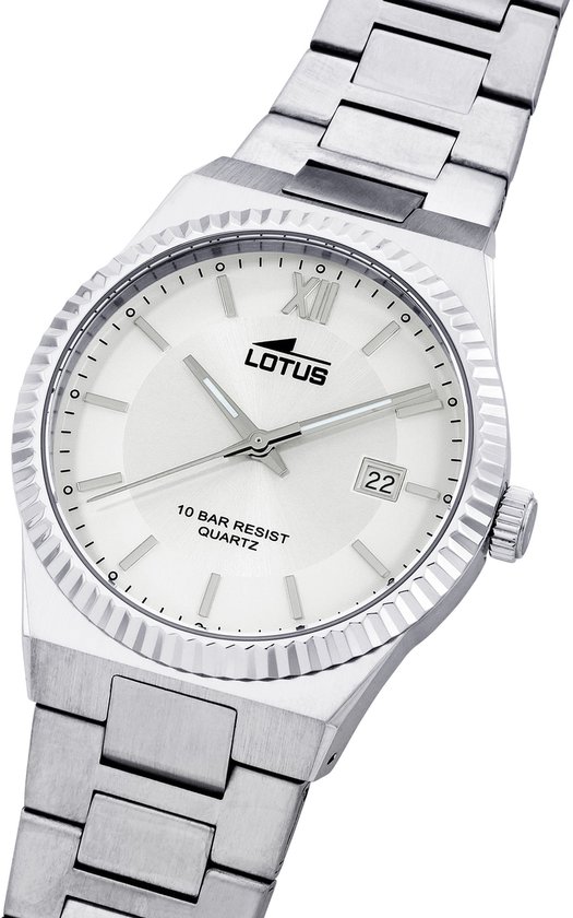 Montre Lotus argentée pour homme avec cadran blanc, date et bracelet en métal.